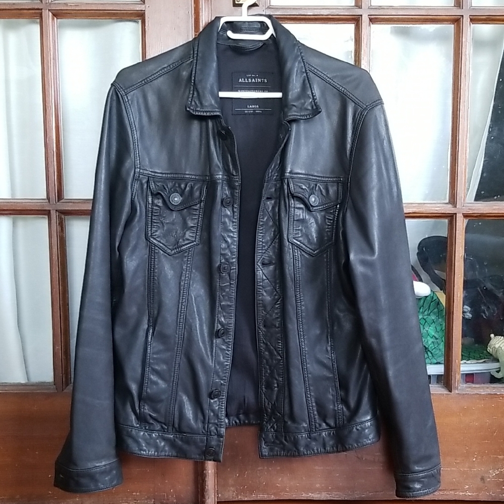 All Saints Black Leather Trucker Jacket